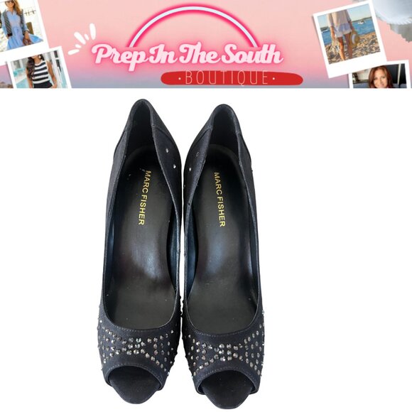 Marc Fisher Harpy Black rhinestone Studded Black Peep Toe Heels 7M - Picture 4 of 8